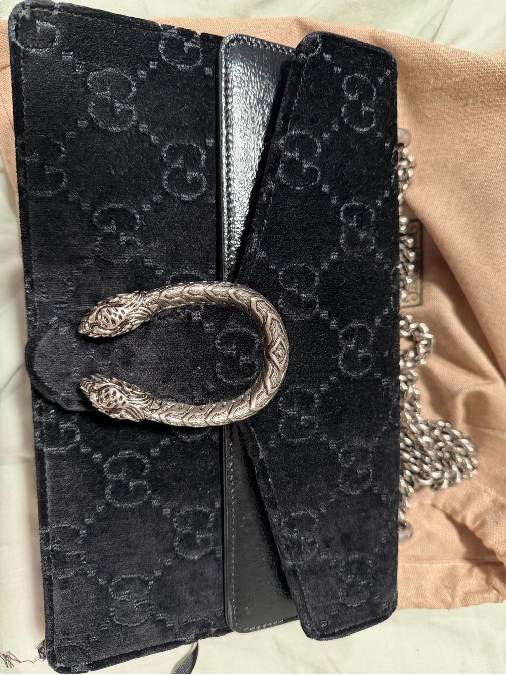 Gucci Black GG Velvet Key & Card Holder with Silver-Tone Snake Hardware